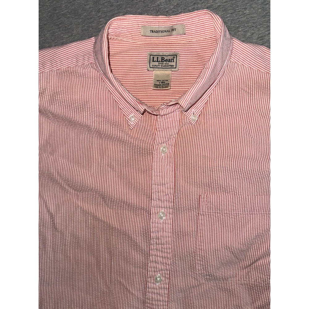 LL Bean Seersucker Pink Shirt Size L Summer Vacation Resort Beach